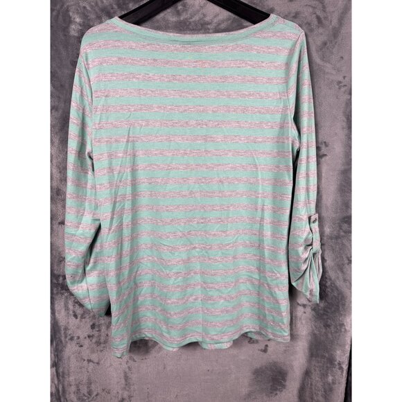 Ruby Rd. Blouse Womens Striped Top With Button Cuffs Mint & Gray Size M Shirt - Picture 6 of 6